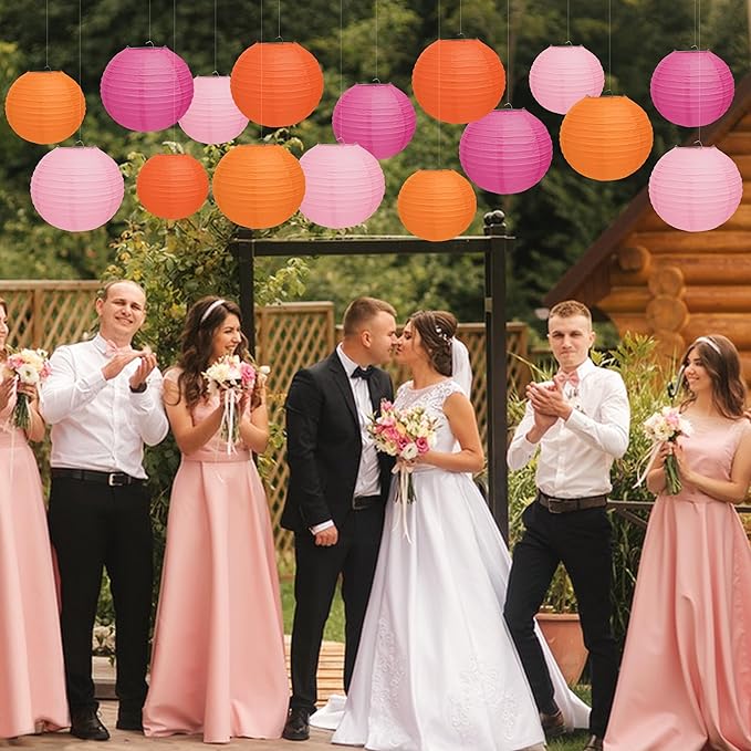 12 Pcs Pink and Orange Paper Lanterns, 10" Hanging Paper Lanterns, Pink and Orange Party Decorations for Home Birthday Wedding Sunset and Valentines Party Decorations