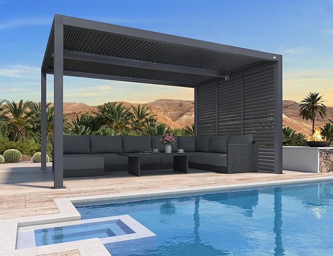 PURPLE LEAF Louvered Pergola 10' x 14' 94AS w/ 1W Side Shutter Wall Grey | Two Adjustable Roofs, Rainproof Gutters, Zero-Rust Aluminum, Plus Privacy Shutters For Total Seclusion, Aluminum Rustproof