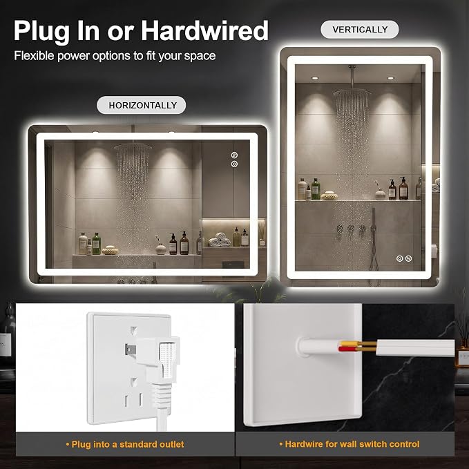 LED Bathroom Mirror with Lights, 24 x 36 Lighted Vanity Wall Mirror | Backlit and Frontlit, Anti-Fog, Dimmable 3 Colors, Shatter-Proof Tempered Glass, Memory Function, Plug-in/Hardwired