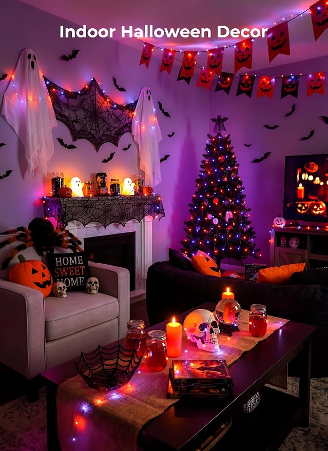 Halloween Fairy Lights Plug in, 33Ft 100 LED USB Twinkle String Lights with Remote and Timer, Waterproof 8 Modes for Home Party Haunted House Indoor Outdoor Halloween Decorations, Orange & Purple