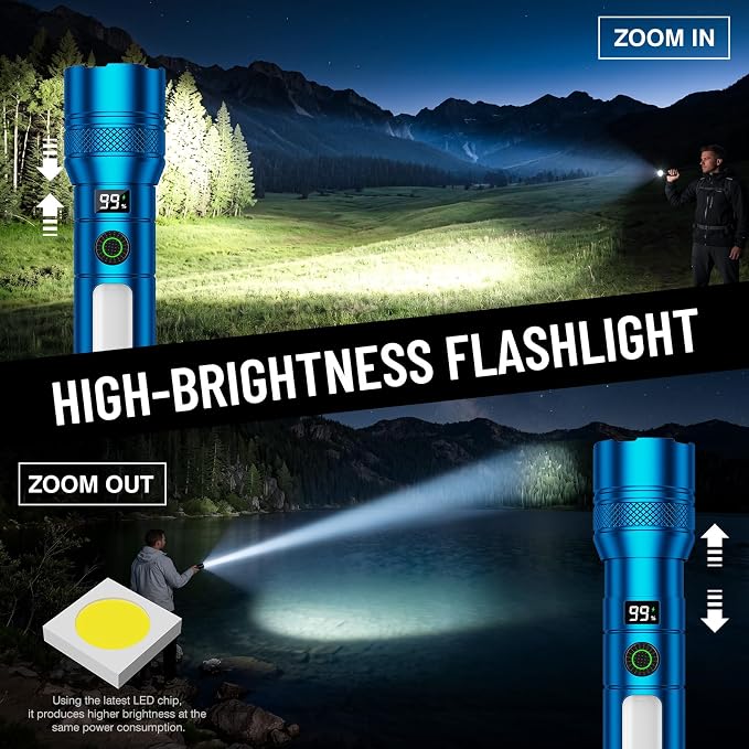 Rechargeable Flashlights 2 Pack, High Lumens LED Flashlight Blue | LCD Battery Display, 7 Lighting Modes & Dual Light Source, IP65 Waterproof Tactical Flashlight For Camping, Hiking, Emergency