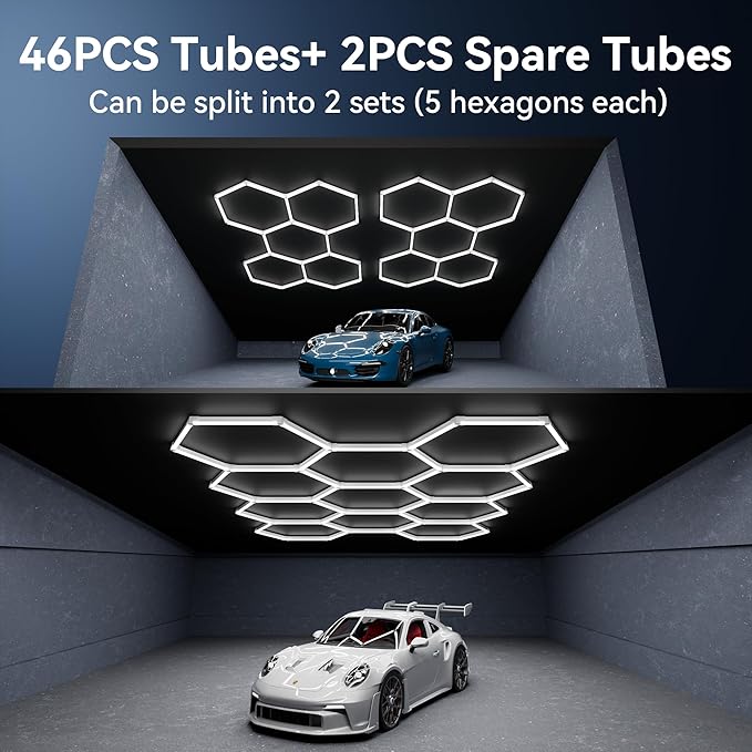 MODERN 11Grids Hexagon Garage Light: 48Pack 384W 47000LM High Brightness Hexagon Garage Lights-Easy Install Honeycomb Ceiling Lights for Warehouse, Gym Basement, Exhibition Hall