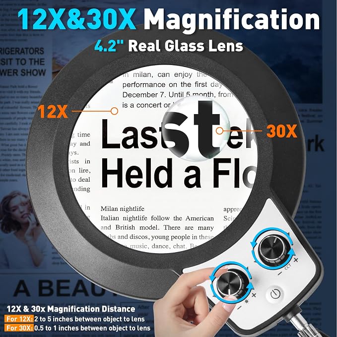 KIRKAS 12X 30X Magnifying Glass with Light and Stand, Overhead Knob 2 in 1 | Lighted Magnifier Lamp for Workbench, Craft, Sewing, Repair, Real Glass Lens Stepless Dimming and Color (9.06IN Base & Clamp)