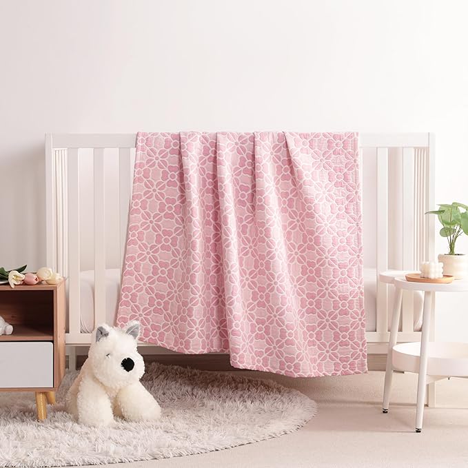 NTBAY 3 Layer Muslin Toddler Blanket, 30 x 40, Pink Clover | Breathable Muslin Cotton Outer Layers with Light Thermal Fill, Reversible for Stroller, Daycare, Travel, and Supervised Use