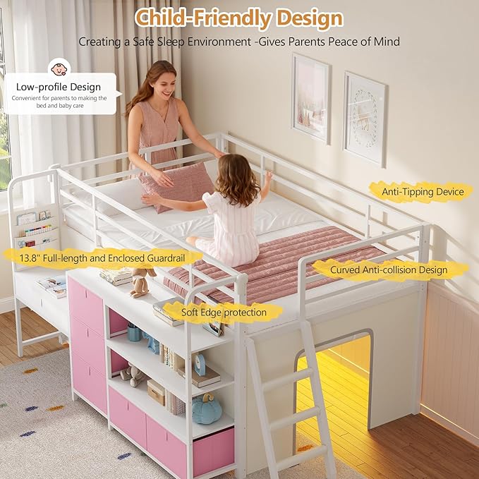 DICTAC Low Loft Bed with Desk and 6 Storage Drawers Twin Loft Bed with Bookshelf,LED Lights & Under-Bed Play Space,Kids Twin Beds with 13.8''H Safety Guardrail,Inclined Ladder&Play Curtain,Pink+White