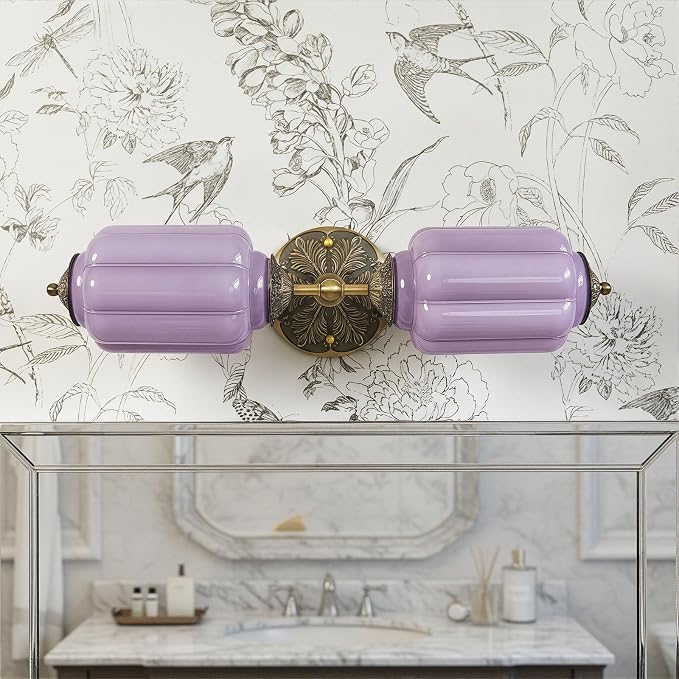 Vintage Milk Glass Sconce - 2-Light Wall Sconce with Brass Finish Base & Green Glass Shade - Wall Sconce Lighting for Mirror, Kitchen, Living Room, Gallery (Bulbs Included) (Purple)