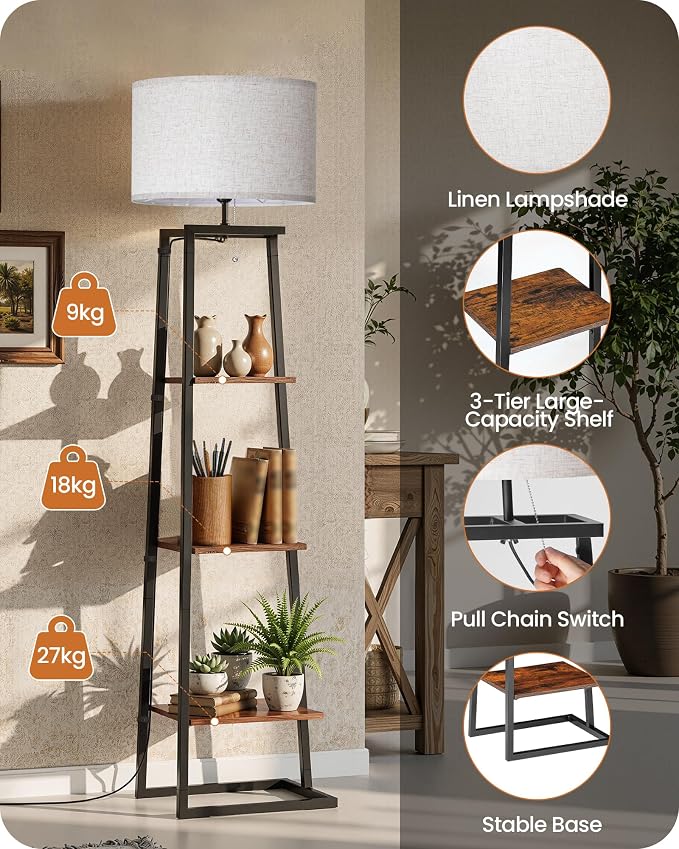 Floor Lamp with 3-Tier Storage Shelves, Standing Floor Lamp with Pull Chain Switch, Shelf Floor Lamp for Living Room, Bedroom, Office,Bulb Not Included, Rustic Brown and Beige FE34LD05