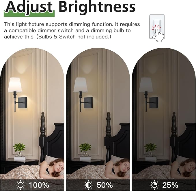 Vintage Bathroom Wall Sconce,Hardwired Bedside Wall Sconces Set of 2,Black Bathroom Light Fixture with White Fabric Shade for Bedroom Living Room Hallway Farmhouse,Convertible Height,E12 Base