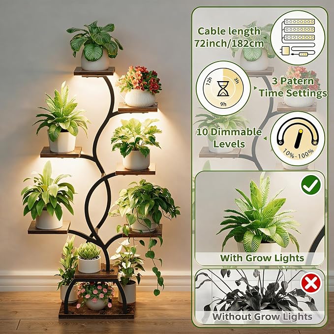 Plant Stand Indoor with Grow Light - 8 Tiered Corner Plant Shelf Indoor | 49" Plant Holder with Lights for Indoor Growing, Tall Lighted Flower Stand for Living Room, Balcony, Brown