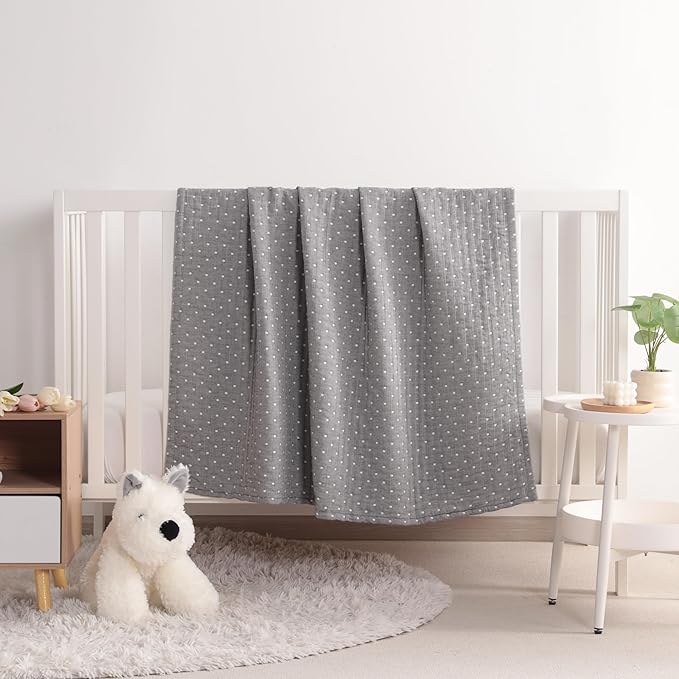 NTBAY 3 Layer Oversized Muslin Toddler Blanket, 45 x 60, Grey Dot | Muslin Cotton Outer Layers with Light Thermal Fiber Fill, Reversible Blanket for Daycare, Travel, Naps, and Supervised Use
