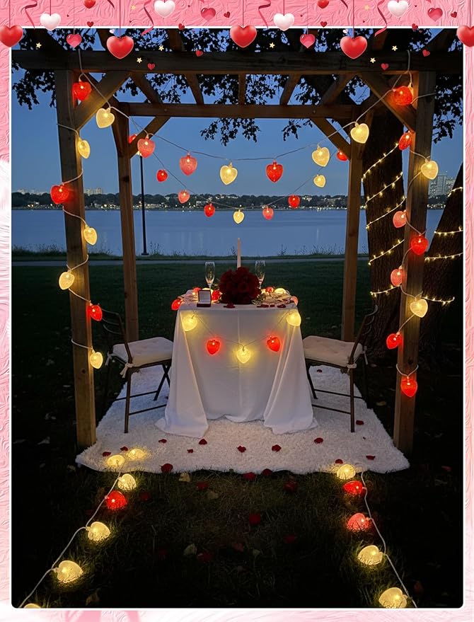 8.5ft Valentine’s Day Heart String Lights Plug in, Valentines Decoration | 10 LED Red Pink White Shatterproof Bulbs, Indoor Fairy Lights for Home Decor Wedding Outdoor Party, Warm White