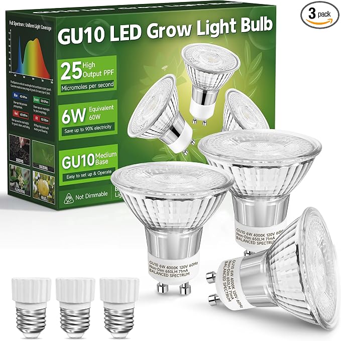 GU10 Grow Light Bulb:6W LED Natural White 4000K 3 Pack | Full Spectrum Plant Grow Lights, Plant Light for Indoor Plants, Grow Lamp for Low Light Plants, Small Plant Pots