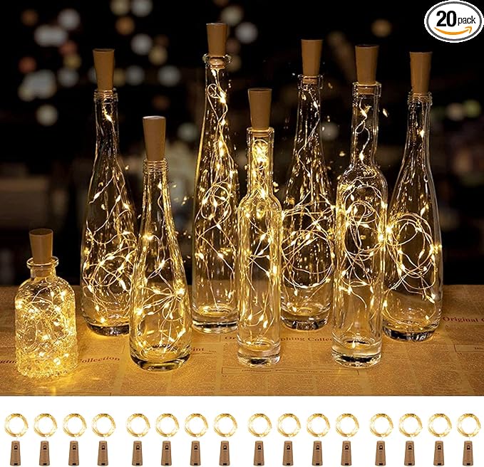 Brightown 20 Pack Wine Bottle Lights with Cork, Warm White | 7ft 20 LED Battery Operated Cork Lights, Waterproof for Liquor Bottles DIY Party Bar Christmas Holiday Wedding Décor
