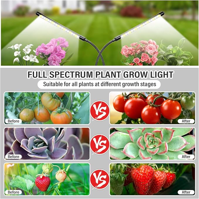 bseah Plant Grow Light for Indoor Plants, Full Spectrum Indoor Grow Light, 10-Level Dimmable and Auto ON & Off Timer (2 Head 2 Pack)