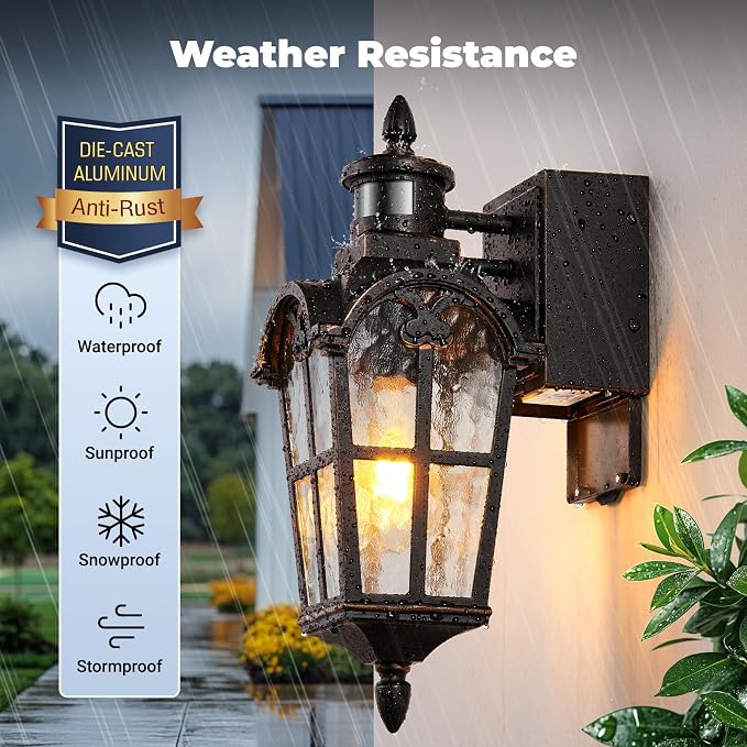 16.4" Motion Sensor Outdoor Lights with GFCI Outlet, 2-Pack ORB Outdoor Porch Light with Water Ripple Glass, 5-Modes Waterproof and Anti-Rust Dusk to Dawn Outdoor Lighting for Garage Patio