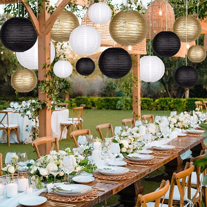 15pcs Paper Lanterns Black Gold Round Hanging Chinese Paper Lanterns 4" 6" 8" 10" 12" for Bachelorette Engagement Wedding Baby Bridal Ner Year Party Decorations