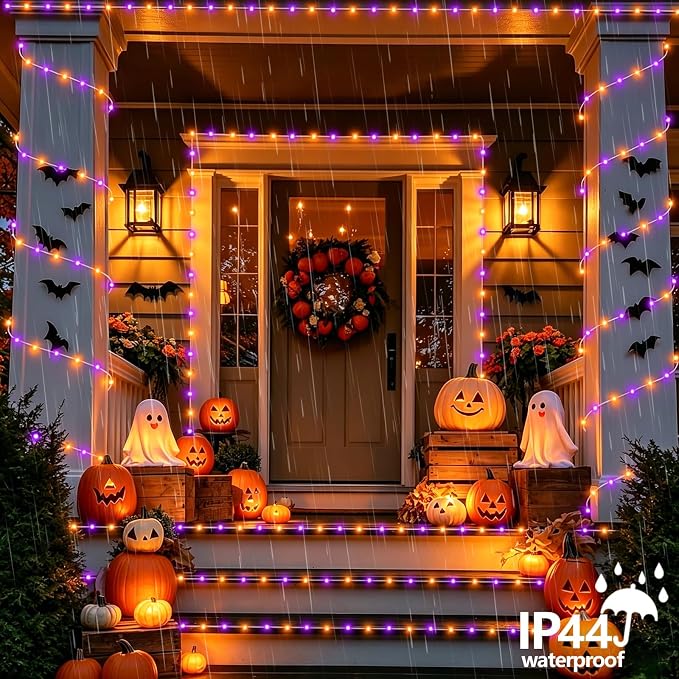 YEGUO Orange and Purple Solar Halloween Lights, 2 Packs Each 33ft 100 LED String Lights Outdoor Waterproof, 8 Modes Fairy Lights in Clear Thin Tube for Camping Fence Patio Garden Trampoline Deck