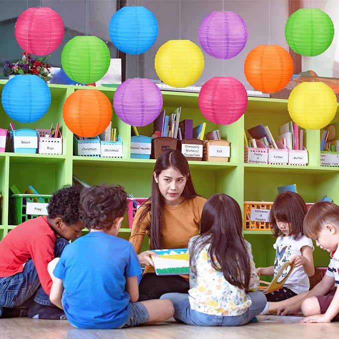 12 Pcs 10 Inch Hanging Paper Lanterns Party Decorations Modern Neon Classroom Decor for Birthday Back to School Party Decoration for Classrooms Wedding Birthday Ceilings