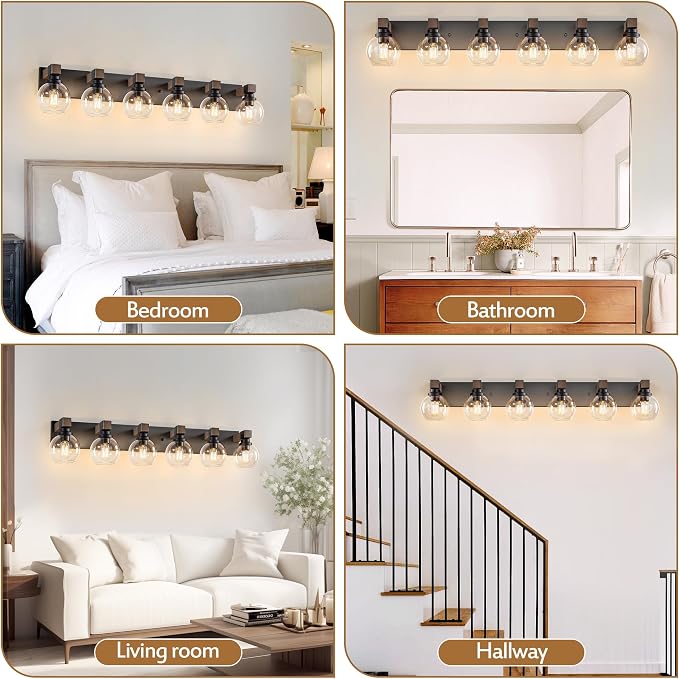 LmnLvn Bathroom Light Fixtures, Farmhouse Wood & Metal with Globe Glass | 6-Light Rustic Vanity Lights,Easy To Install, Mounted Over Mirror for Bathroom, Bedroom & Hallway