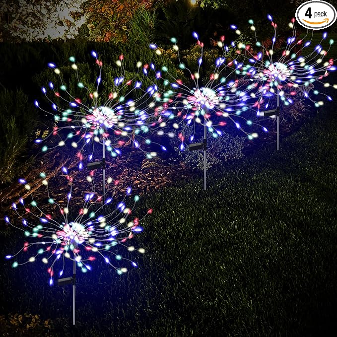 PXBNIUYA 4 Pack 175 LED Solar Garden Light for Yard,Firework Lights Outdoor Waterproof with 2 Modes Twinkling Light, Sparkly Starburst Lights for Wedding Walkway Halloween Christmas Decor(Colorful)
