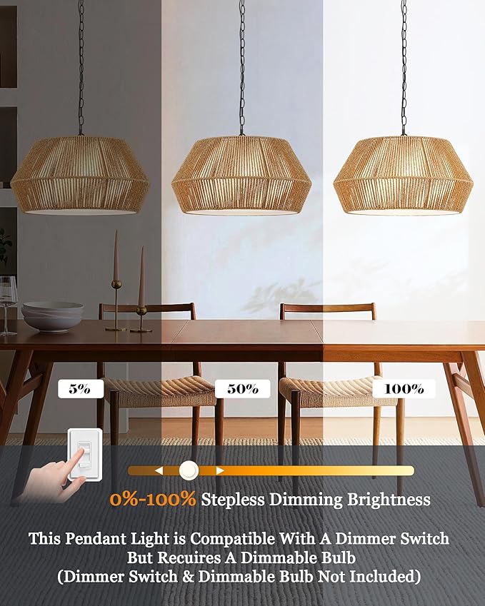 ELYONA Large 4-Lights 20" Rattan Chandelier, Boho Pendant Light Fixtures, Adjustable Japandi Woven Chandelier for Dining Room with Fabric Shade, Rustic Hanging Light for Kitchen Island,Living Room