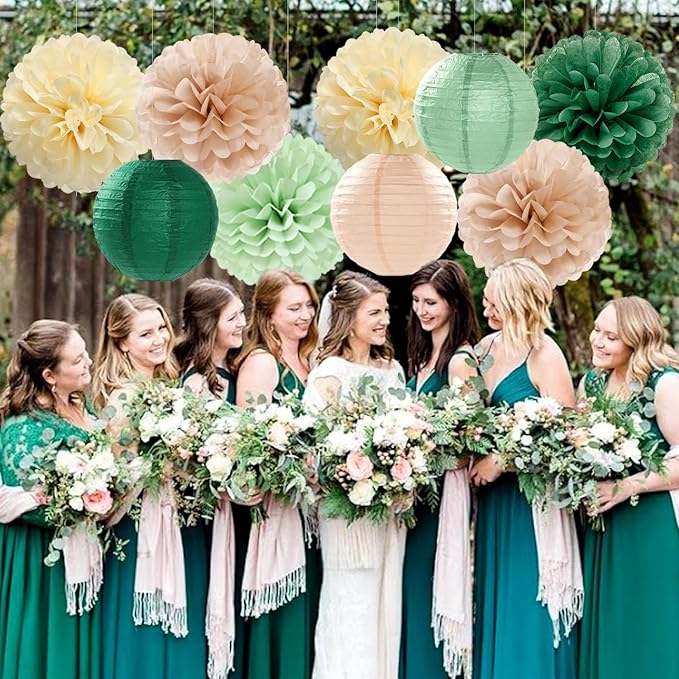 Sage-Olive Green Party-Decorations Paper-Flowers Lanterns - 15PCS Safari Boho Birthday Rustic Tissue Pom Poms Streamers, Baby Shower Neutral Garden Wedding Graduation Hanging Supplies Decor Hugfond