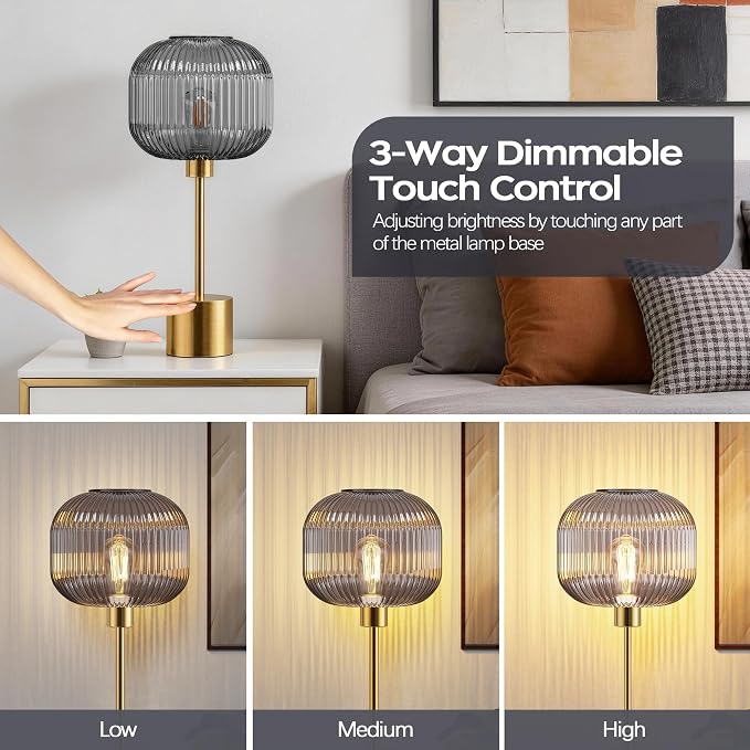 QiMH Glass Table Lamp for Living Room, Modern Bedside Lamp with Grey Ribbed Glass Shade, 3-Way Dimmable Touch Control Nightstand Lamp for Bedroom, Brushed Gold (2700K LED Bulb Included)
