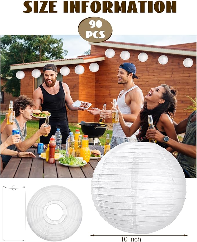 Treela 90 Pack White Chinese Japanese Paper Lanterns Decorative Hanging Ball Paper Lantern Lamps for Wedding Birthday Party Baby Shower Home Decorations(10 Inch)
