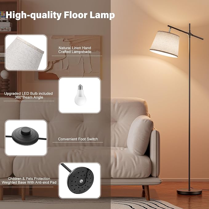 Floor Lamp with Linen Shade, Dimmable Tall Standing Lamp with Remote Control & 3 Color Temperatures Bulb, Modern Swing Arm Floor Lamps for Living Room Bedroom Office Corner