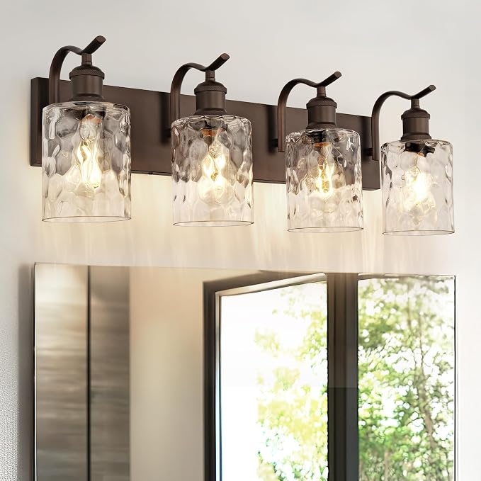4-Light Bathroom Vanity Light,Hammered Glass,Oil Rubbed Bronze | 27 Inch Over Mirror Wall Light,E26 sockets,for bathroom mirror,powder room,dressing area