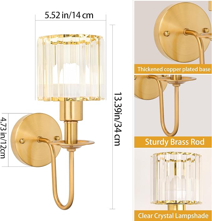 Battery Operated Wall Sconces Set of 2, Gold Crystal Wall Lights | 5200mAh rechargeable wall lights with magnetic bulbs, remote control, 15 colors, 10-level dimming and timer for bedrooms