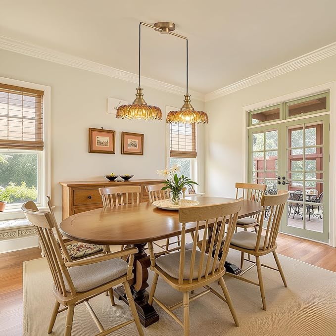 HDDFL Vintage Pendant Lighting Fixtures Modern Glass Hanging Lamp with Adjustable Cord for Kitchen Island Dining Room Hallway 2 Light Brass and Amber