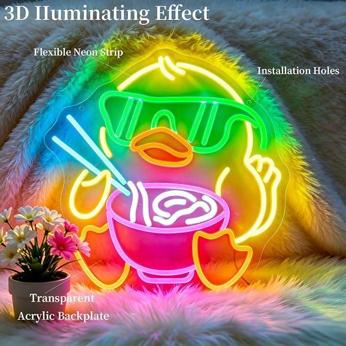 Duck Ramen Neon Sign Led Sign Neon Signs for Wall Decor Neon Light | Duck Led Lights Up Sign, Dimmable, Yellow Room Decor, Boys Girls Gift, Party, Ramen Restaurant Wall Decor, 5V USB Powered