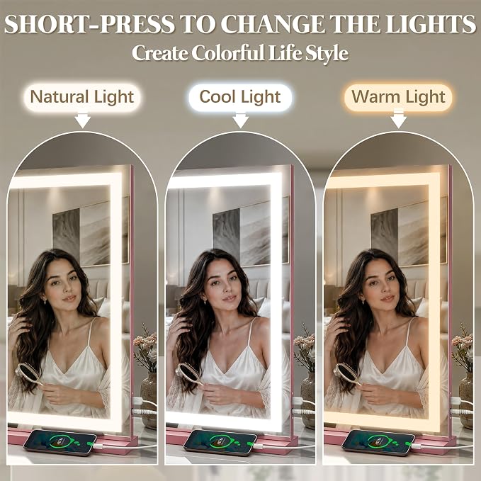 FENNIO Large Vanity Mirror with Lights，35.5" x 27" LED Makeup Mirror，Hollywood Mirror with 3 Color Modes & Adjustable Brightness，Vanity Mirror Square Pink