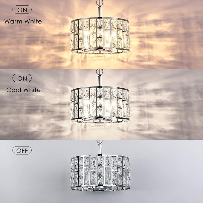 MEXO Farmhouse Crystal Convertible Chandelier and Semi Flush Mount Lighting Chrome Cylinder Drum Shade Pendant for Kitchen Island Dining Room Bedroom Hallway