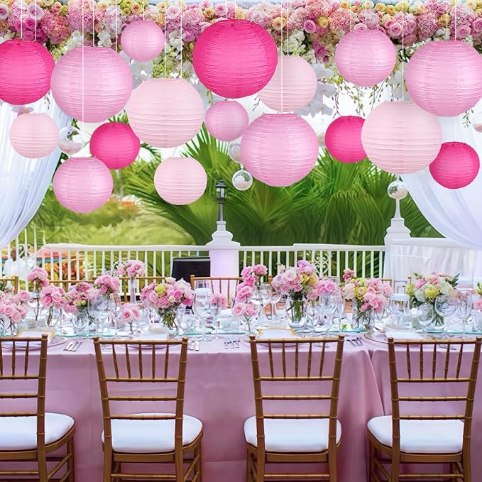 15-Pack Pink Paper Lanterns, Hanging Party Decorations | 6, 8 & 10 Inch Rose Red Gradient Shades for Wedding, Baby Shower, Girls' Birthday, Bridal Events, Flamingo Theme, Wedding