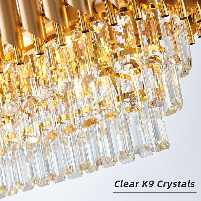 Modern Rectangular Chandelier Gold Crystal Chandeliers for Dining Room, 10-Light Pendant Light Fixture Oval Contemporary Ceiling Hanging Light for Kitchen