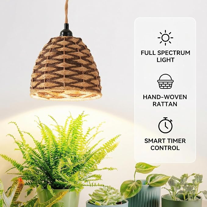 Hanging Grow Light, 30W LED Lamp with Timer for Indoor Plants | 4000K LED plant lamp with 15 ft cord, outlet timer, and boho paper rope shade for succulents, herbs, and low-light rooms.