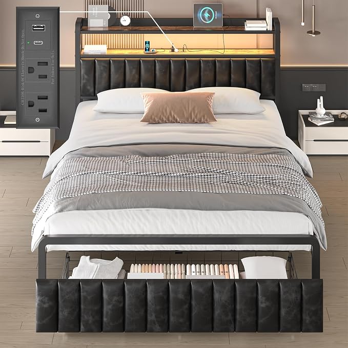 Queen Size Bed Frame and Upholstered Storage Headboard, LED Light, Black | Built-in Charging Station, Wheeled Under-bed Drawers, Heavy-Duty Metal Slats, Noise-Free, Easy Assembly, No Box Spring Needed