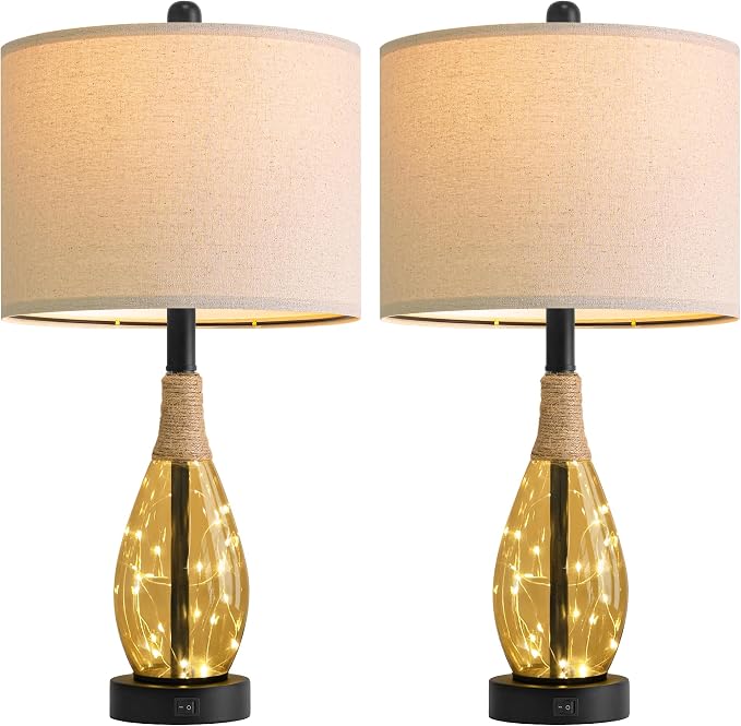 23" Table Lamps for Living Room Set of 2 Bedside Lamps for Night Stands Bedroom Lamps Farmhouse Rattan Boho Lamp Glass Nightlight End Table Lamp,Two Light Points