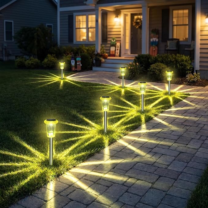 Eyrosa Solar Outdoor Lights Starburst Pattern, 10 Pack High-Visibility Lemon Yellow Housing, Waterproof Stainless Steel Solar Stake Lights for Pathway Garden Yard Walkway Driveway Lawn Outside Decor