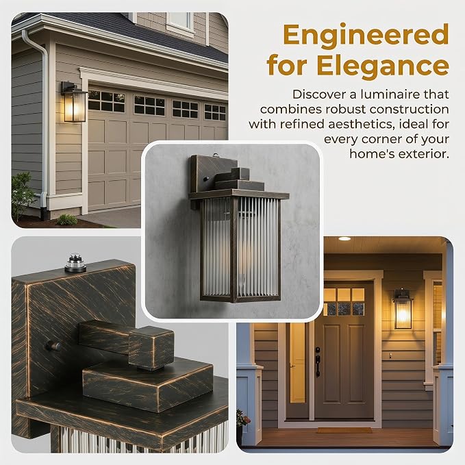 13" Black Brush Gold Dusk to Dawn Wall-Mounted Porch Light | Auto On and Off, Anti-Rust Metal Frame, Tempered Glass, E26 Socket, Easy DIY Install on Porch, Garage