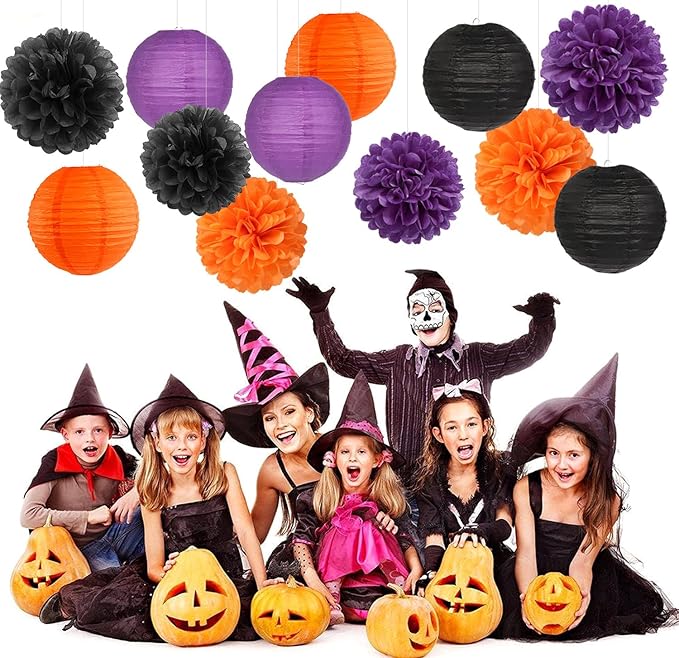Purple-Orange Black Party-Decorations Paper-Flowers Lanterns - 15PCS Halloween Tissue Pom Poms Streamers,Vintage Birthday Retro Baby Bridal Shower Wedding Bachelorette Hanging Supplies Decor Hugfond