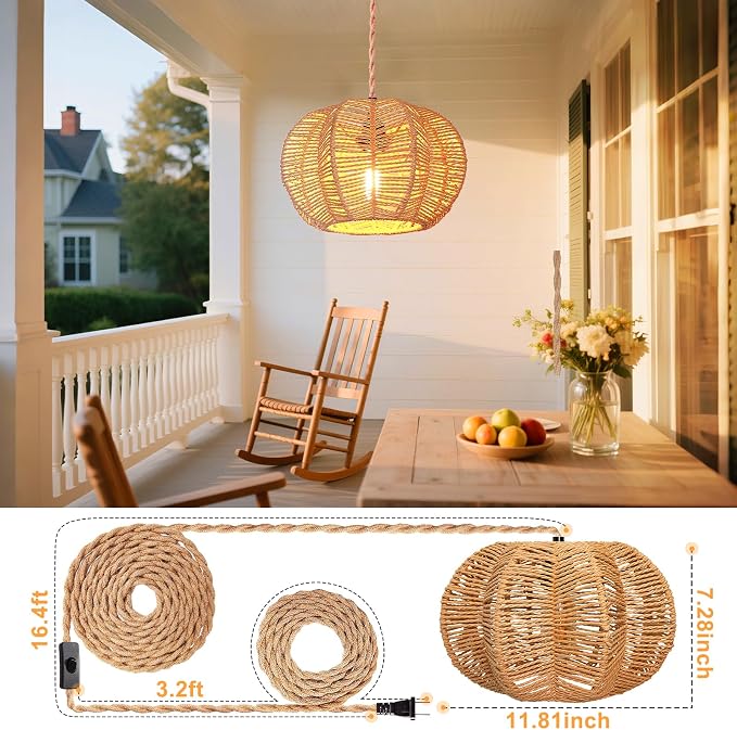 Hanging Light Fixture with Plug in Cord with on Off Switch, Rattan Pendant Lights Boho Lamp Ceiling Light, Plug in Pendant Light Hanging Lamp Shades for Living Room Decor Bedroom Kitchen