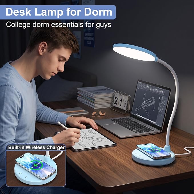 Blue Desk Lamp, Table Lamp with Wireless Charger, 800LM, CRI95+ | 3 Color Modes, Stepless Dimming, Small Desk Lamp with Adjustable Neck, Desk Light for Reading, Bedside, Dorm, with Adapter