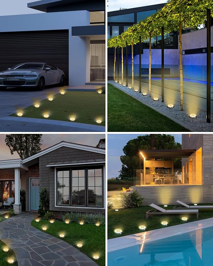 btfarm 30 Pack Solar Lights Outdoor Waterproof, 8 LED Solar Ground Lights | Stainless Steel, Easy-to-Install Flat Solar Disc Lights, Pathway Lights for Garden Lawn Patio Yard Path Landscape, Warm White
