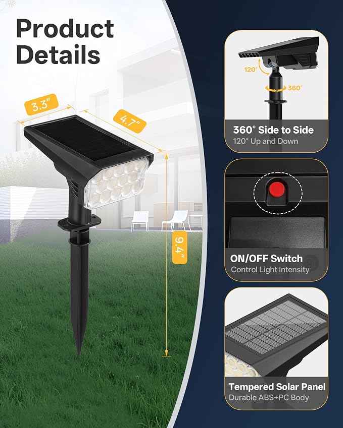 Solar Lights Outdoor Waterproof IP65, 56 LED 3 Lighting Modes Solar Spot Lights Outdoor, Solar Powered Landscape Lighting for Yard Pathway Garden, 4 Pack (Warm White)