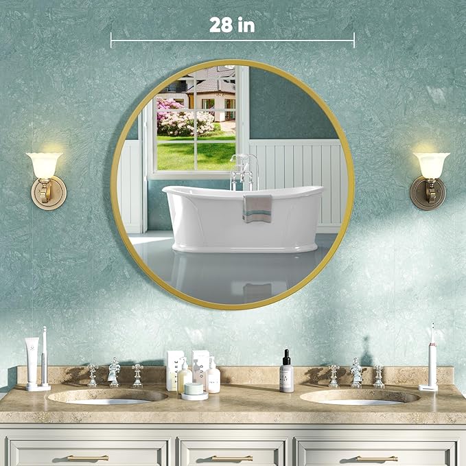 NEWBULIG Gold Round Wall Mirror 28 Inch, Bathroom Mirrors for Over Sink, Wall Decor for Bathroom, Entryway, Bedroom, Vanity