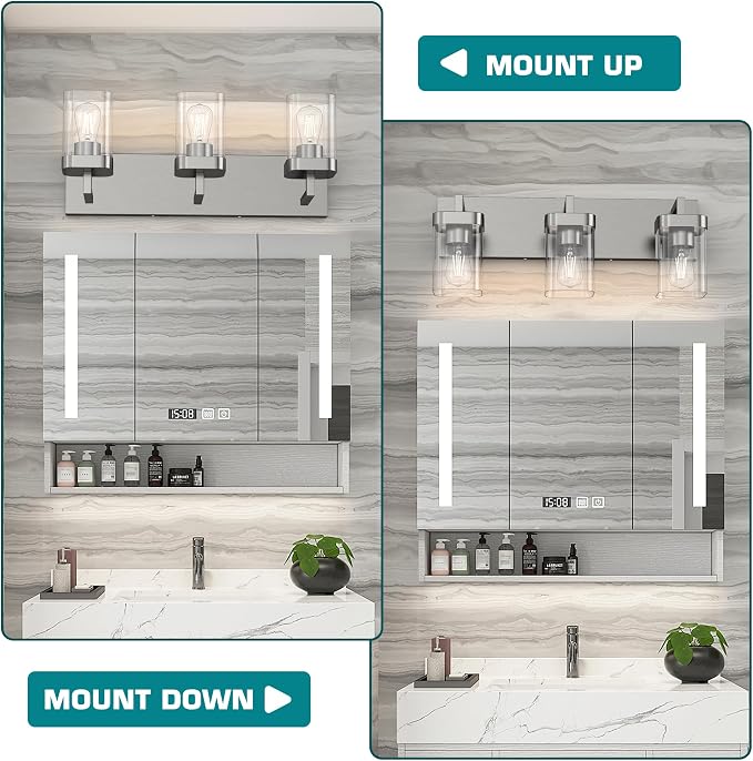 3-Light Bathroom Light Fixtures, Brushed Nickel Vanity Lights for Bathroom, Kitchen, Living Room, Modern Bathroom Vanity Lights with Clear Glass Shades