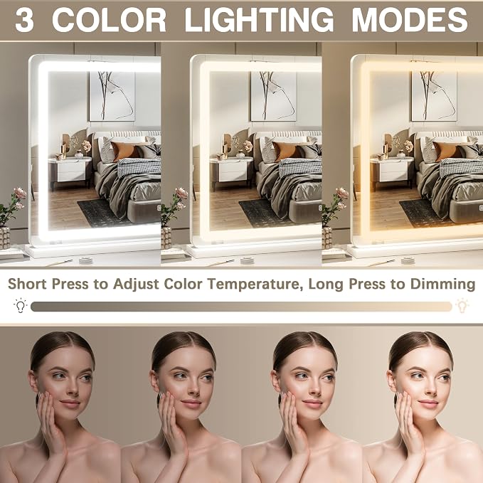 ROLOVE Vanity Mirror with Lights, 32" x 22" Large Lighted Vanity Mirror with Dimmable 3 Modes, LED Makeup Mirror, Touch Screen Control, USB Charging Port, Tabletop or Wall-Mounted